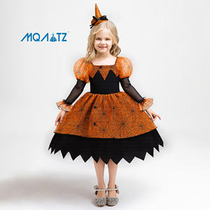 Nuevo Vestido Formal de Manga Larga para Niñas, Estampado de Telaraña Negra y Naranja, Cuello Redondo, Diseño Floral, para 8 Años - Product Image 1