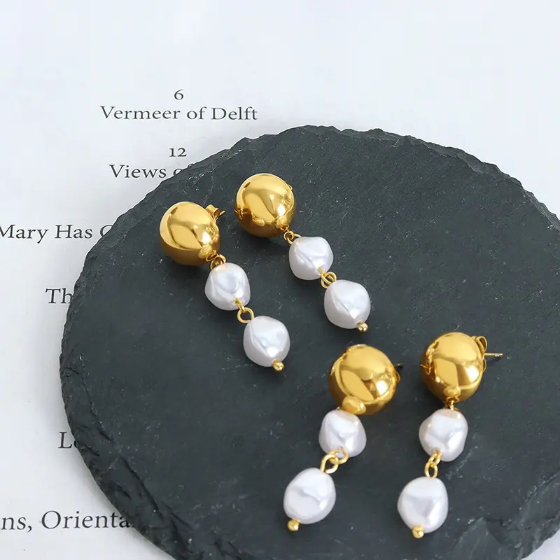 Little Gold Beads Of Temperament Pearl Tassel Chain Earrings Stainless Steel Plated 18K Gold Earrings