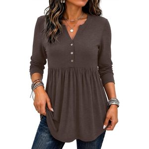 Chemisier à manches longues et col en V pour femmes, coupe ample, haut plissé en tricot, style bohème, tenue de tous les jours - Product Image 1