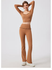 Women's 2 Piece Yoga Set Ruffle Trim Stand Embroidered Long Sleeve Crop Top High Waist Flare Leggings Polyester/Cotton Seamless - Product Image 3