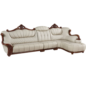 Luxury Genuine Leather Solid Wood Corner <b>Sofa</b> <b>Set</b> Living Room European Style Sectional L-Shape Combination Wooden Carving - Product Image 6