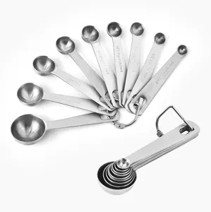 Mirror Polish Cooking Baking Measuring Tool 6PCS 7PCS Round Oval Shaped Stainless Steel Measuring Spoon Set with Hanging Ring