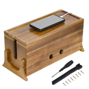 Boîte de rangement pour câbles en bois avec couvercle, de forme rectangulaire, couleur bois naturel, type vertical, pour cordons d'alimentation et chargement de téléphones portables - Product Image 1