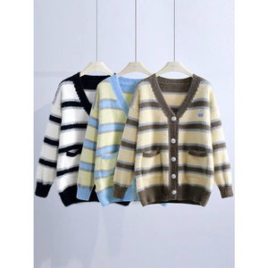 Dalang Sweater Factory Striped <b>Cardigan</b> For Women Autumn Winter Thickened Loose Fit Knitted Sweater Apricot Group - Product Image 3
