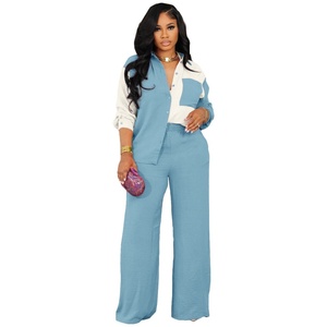 Two-Piece Casual Set Long Spring Autumn Color Matching Pocket Shirt Solid Pattern <b>Top</b> 100% Polyester Eco-Friendly Loose Fit - Product Image 6