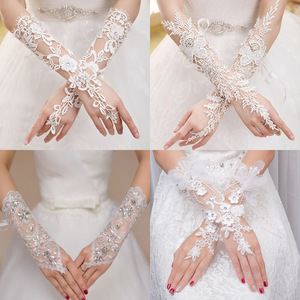 Gants sans doigts en dentelle, longs, de couleur ivoire, à motifs floraux, pour mariée - Product Image 2