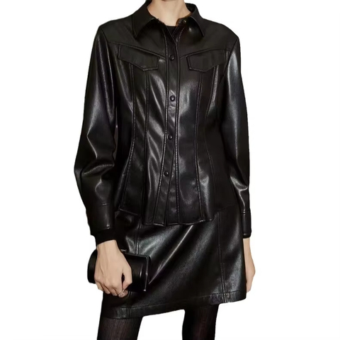 High Quality Fashion Classic Collar Covered Button Black Leather Shirt Jacket for Women