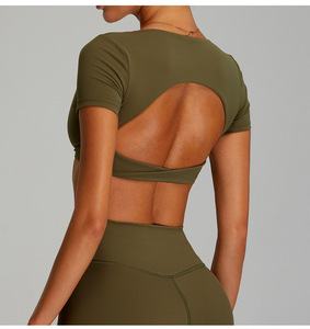 Women Twist Front Deep V <b>Crop</b> Yoga <b>Top</b> Hollow Back Short Sleeve Built In Padded Bra Workout Tee Slim Fit Pilates Athletic Shirt - Product Image 2