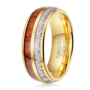 Bague en tungstène plaqué or de 8mm avec incrustation de météorite imitée en <span class=keywords><strong>bois</strong></span> de koa - Product Image 2