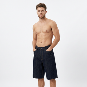 Shorts en jean délavé foncé pour homme, coupe large, taille mi-haute, 100 % coton, respirant, tissé, style décontracté d'été - Product Image 1