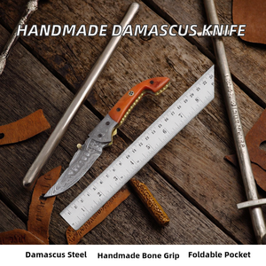 Cuchillo de Bolsillo Plegable de Acero de Damasco con Borde Recto, Hecho a Mano con Madera de Primera Calidad, Multifuncional, con Funda Personalizable para Hombre - Product Image 2