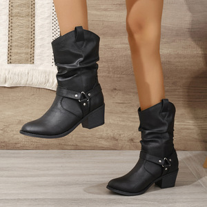 Stivali da donna in pelle PU, stile western, beige, casual, per polpacci larghi, in morbida pelle - Product Image 3
