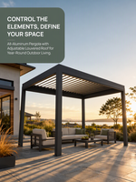 Pergola extérieure moderne en aluminium, pergola motorisée à lames orientables effet bois avec contrôle par application et capteur de pluie RGB