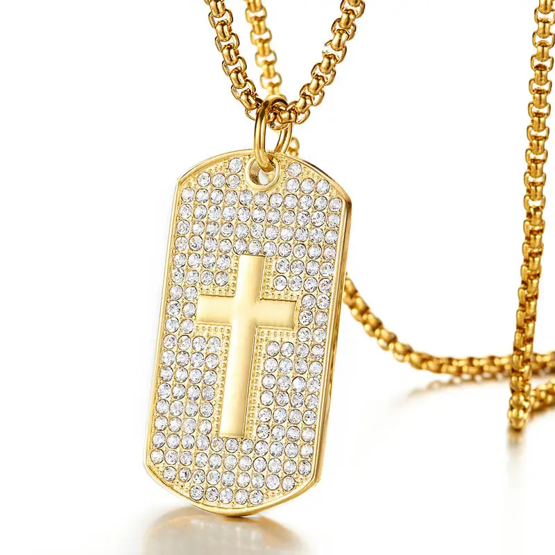 18k Gold Cross Diamond Crystal Dog Tags Pendant Men Personalized Necklace sequential prophet