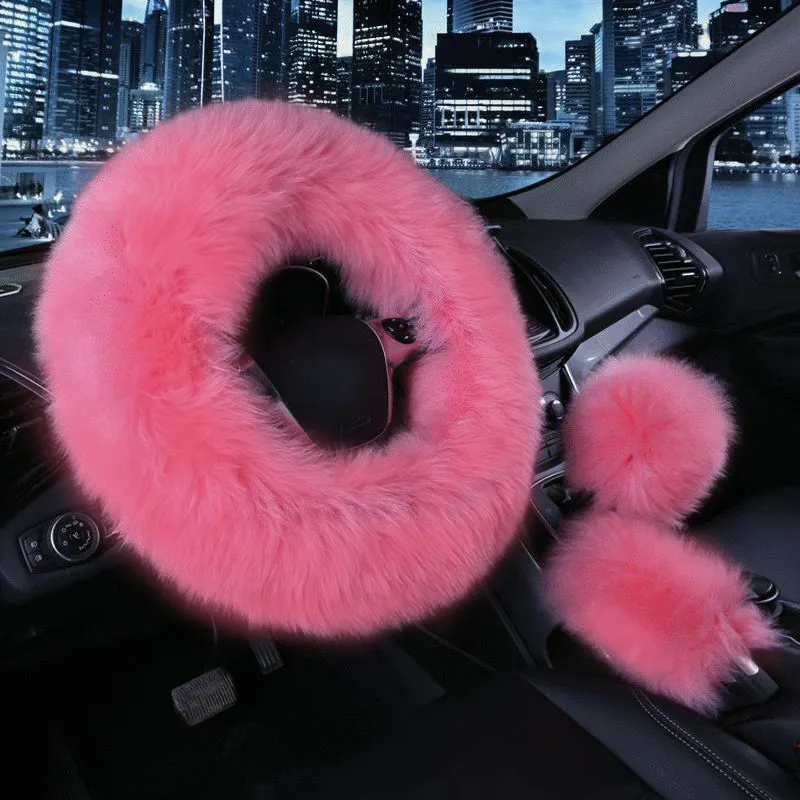 3 Stuks Bont Stuurhoes Set Echte Schapenvacht Auto Pluche Warme Pluizige Fuzzy Auto Accessoires Voor Vrouwen Meisje