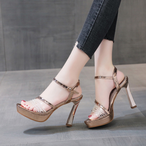 Sandalias de tacón de aguja doradas para mujer, con punta abierta, hebilla de una tira y pedrería, antideslizantes para exteriores, novedad de verano 2022 - Product Image 3