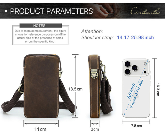 Vintage Crazy Horse Leather Crossbody Bag, Men's Genuine Leather Phone Pouch with Metal Buckle & Waist Belt Wallet