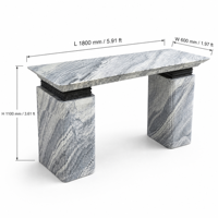 Table de bar en marbre bleu Serpeggiante naturel 1800x600mm, piédestal en pierre cannelée, finition brillante, monolithique, vente en gros pour bars et hôtels