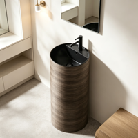 Lavabo sur colonne rond en marbre brun à effet superposé, monobloc autoportant, avec robinet mitigeur haut noir pour hôtel et villa
