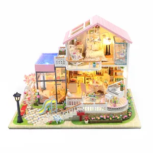 DIY sevimli pembe prenses odası hazırlanmış ahşap minyatür bebek evleri ile çocuk hediye için Led ışık