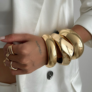 Cực Chunky lớn của phụ nữ thời trang Bangles Set 3 Miếng thời trang kim Loại mịn mùa xuân khóa phóng đại phong cách Vàng bangles - Product Image 6