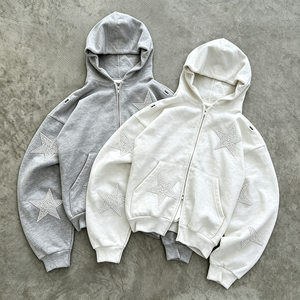 Sweat à capuche personnalisé pour homme, gris, en molleton épais, avec strass en forme d'étoile, double fermeture éclair, coupe courte, style streetwear, en coton, coupe ample - Product Image 1
