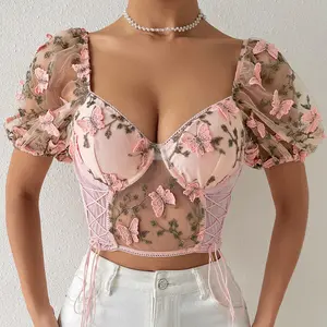 Enyami yeni gelenler bahar yaz kadınsı seksi çiçek baskılı örgü V boyun Tshirt moda rahat kısa kollu kadın kırpma üstleri