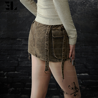 Rok Denim Pendek Wanita LARSUR Custom Factory, Model Distressed Vintage Wash, Kasual, Berpinggang Tinggi dengan Rivet
