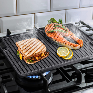 Voorgekruide dubbelzijdige gietijzeren rechthoekige BBQ-grillplaat, grillpan, buitenkookpan, braadpan, koekenpan - Product Image 6