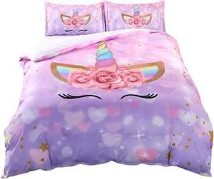 Ensemble de housse de <span class=keywords><strong>couette</strong></span> <span class=keywords><strong>licorne</strong></span> pour filles reine rose/bleu/gris licornes florales arc-en-ciel étoiles ensemble de literie 3 pièces avec 2 taies d'oreiller - Product Image 2