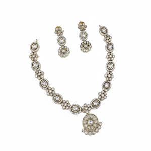 High Quality Traditional Ethnic Antique Gold Plated Zircon Flower Design Necklace Earrings Maang Tikka <b>Set</b> for Engagement - Product Image 2