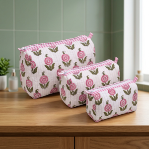 Women's Pink Floral Cotton Cosmetic <b>Bags</b> Pink White Pattern Cosmetic <b>Bags</b> With Zipper Closure Large Medium <b>Small</b> Multi <b>Bags</b> - Product Image 3