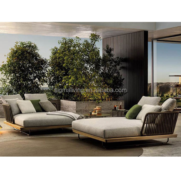 Hotel outdoor furniture courtyard garden rope furniture daybed woven rope sun bed with cushion