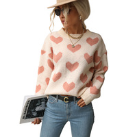 Pull-over col rond jacquard cœur pour femme, style décontracté et ample, idéal pour la Saint-Valentin, tenue d'automne/hiver pour rendez-vous, personnalisable ODM/OEM