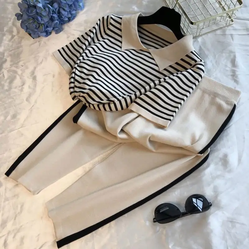 Women Knitwear 2 piece Set T-shirt + Long Pants Suits Sports Outwear Striped Pullover Loose Lady Knitting Sweater Suits