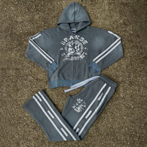 定制高品质两件套男式厚重酸洗大廓形水钻棉质运动服 - Product Image 2