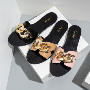 Korean Latest Summer Metal OAutersole Women Pu Leather Slide <b>Slippers</b> Fashion Chain All-match Womens Sandals - Product Image 2