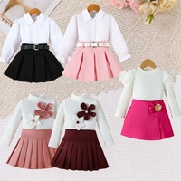 Ensemble de vêtements pour filles, ensemble à carreaux tendance pour filles, haut tricoté à col haut + jupe plissée, ensemble deux pièces, ensemble imprimé nœud