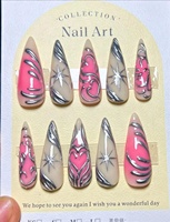 Faux ongles longs stiletto faits main à presser, nude blanc, avec décoration anneau métallique perforant style French, couvrance totale, en gel souple, 10 pièces