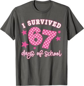 T-shirt à col rond pour garçons et filles, motif « J'ai survécu à 67 jours d'école », drôle, 67 enseignants, étudiants, Meme, MOQ=1, livraison gratuite, haut - Product Image 5