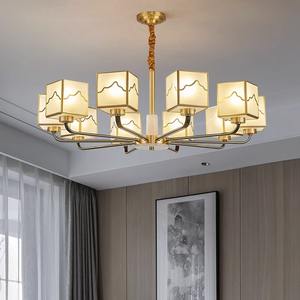 Lustre moderne minimaliste de style chinois tout en cuivre, taille moyenne, LED, luxe, salon, salle à manger, luminaire en verre - Product Image 2