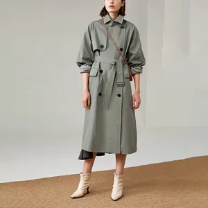 Gabardina larga informal con doble botonadura para mujer, abrigo largo clásico de color caqui y verde con cinturón, Otoño, 2021