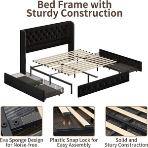 Chất lượng cao đầy đủ Nữ Hoàng Vua Kích thước nhung đen bọc nền tảng GIƯỜNG KHUNG với wingback Đầu Giường 4 ngăn kéo lưu trữ - Product Image 4