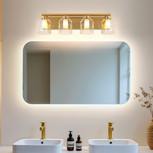 Lámpara de pared LED E26 moderna de latón dorado con pantallas de cristal transparente para baño, uso interior, 2700K, blanco cálido - Product Image 2