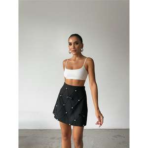 Black Gothic Straight Leather <b>Skirt</b> Pearl Ribbon Detail Short Spandex Material Patchwork Ruffles Pattern <b>Tight</b> Prettily Designed - Product Image 5