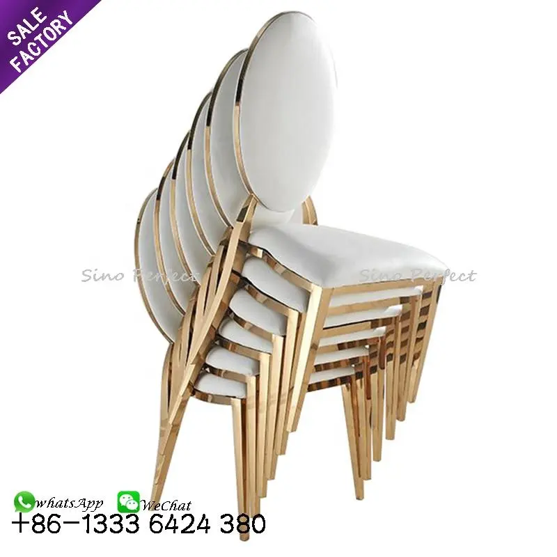 Оптовая Современная Штабелируемая мебель из нержавеющей стали Золотая овальная спинка обеденный стул