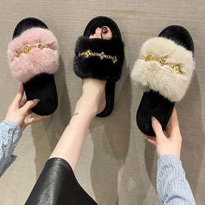New Arrival Anti slip Silent Metal Chain Ladies Faux Fur Home <b>slippers</b> for Women - Product Image 1