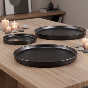 <b>Black</b> Round Melamine Steak <b>Plate</b>, Sushi & BBQ Serving Tray, Ceramic-Look Western Dinner <b>Plate</b> for Restaurant Use - Product Image 2