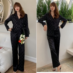 Nuove donne Grid Stripe Nightwear Luxury Ice Silk <span class=keywords><strong>pigiama</strong></span> Set manica lunga Soft Sleepwear <span class=keywords><strong>donna</strong></span> primavera estate <span class=keywords><strong>pigiama</strong></span> di grandi dimensioni - Product Image 5