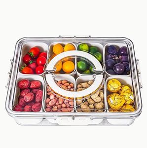 8 Compartments Divided Serving Tray <b>Lid</b> Handle Injection-Molded <b>Plastic</b> Rectangle Portable Snack Box <b>Containers</b> Veggie Tray - Product Image 1